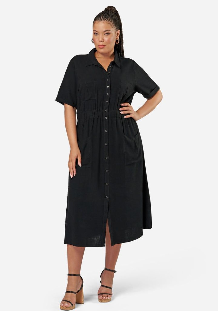 SUNDAY IN THE CITY Black Dresses | Gone Rogue Midi Shirt Dress