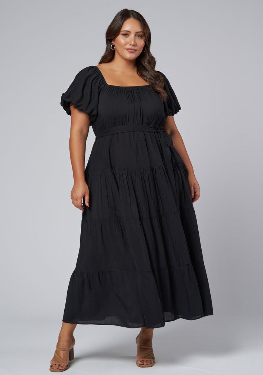 INDIGO TONIC Black Dresses | Amelia Tiered Midi Dress