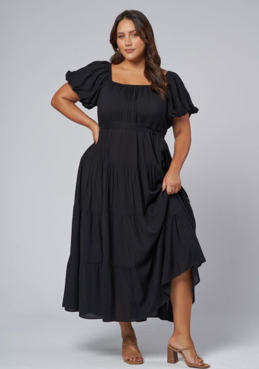 INDIGO TONIC Black Dresses | Amelia Tiered Midi Dress