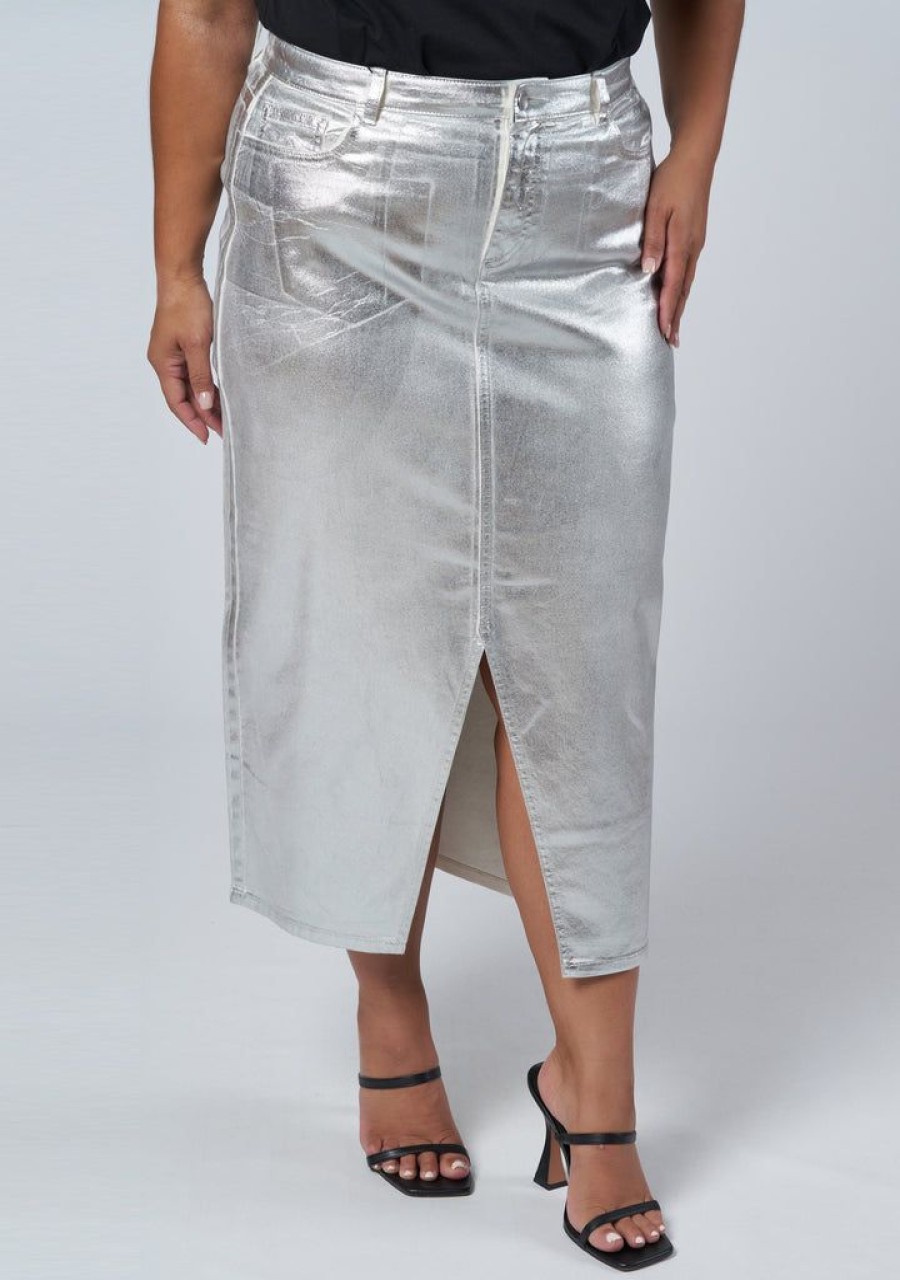 SUNDAY IN THE CITY Denim | Peaches Silver Denim Midi Skirt