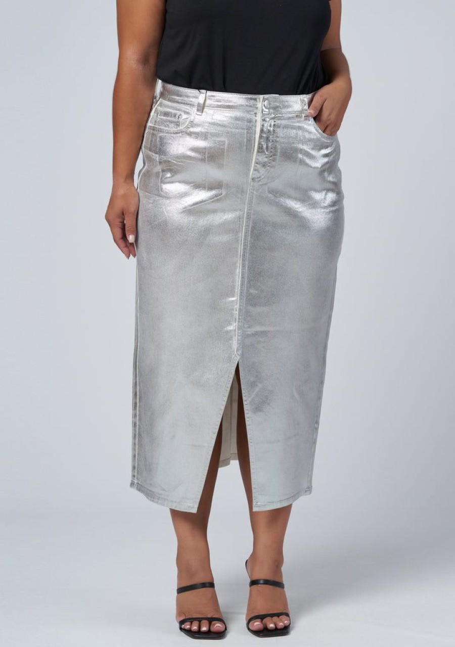 SUNDAY IN THE CITY Denim | Peaches Silver Denim Midi Skirt